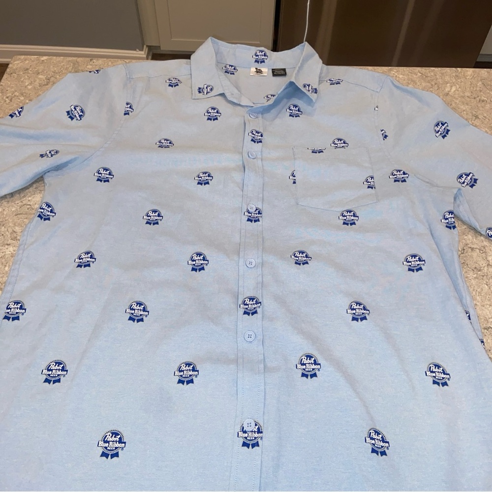 Pabst Blue Ribbon PBR Light Blue Men's Short Sleeve Button Down Shirt-XL - Picture 7 of 7